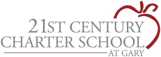 Logo for 21st Century Charter School, which features a red outline of an apple in the upper right corner