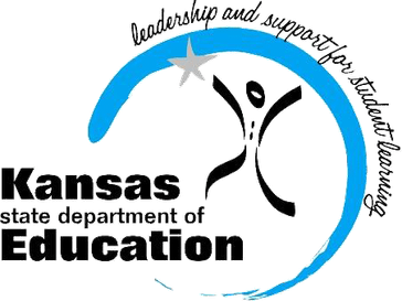 Logo for Kansas State Department of Education, which features a blue circle and an outline of a stick figure jumping for a star