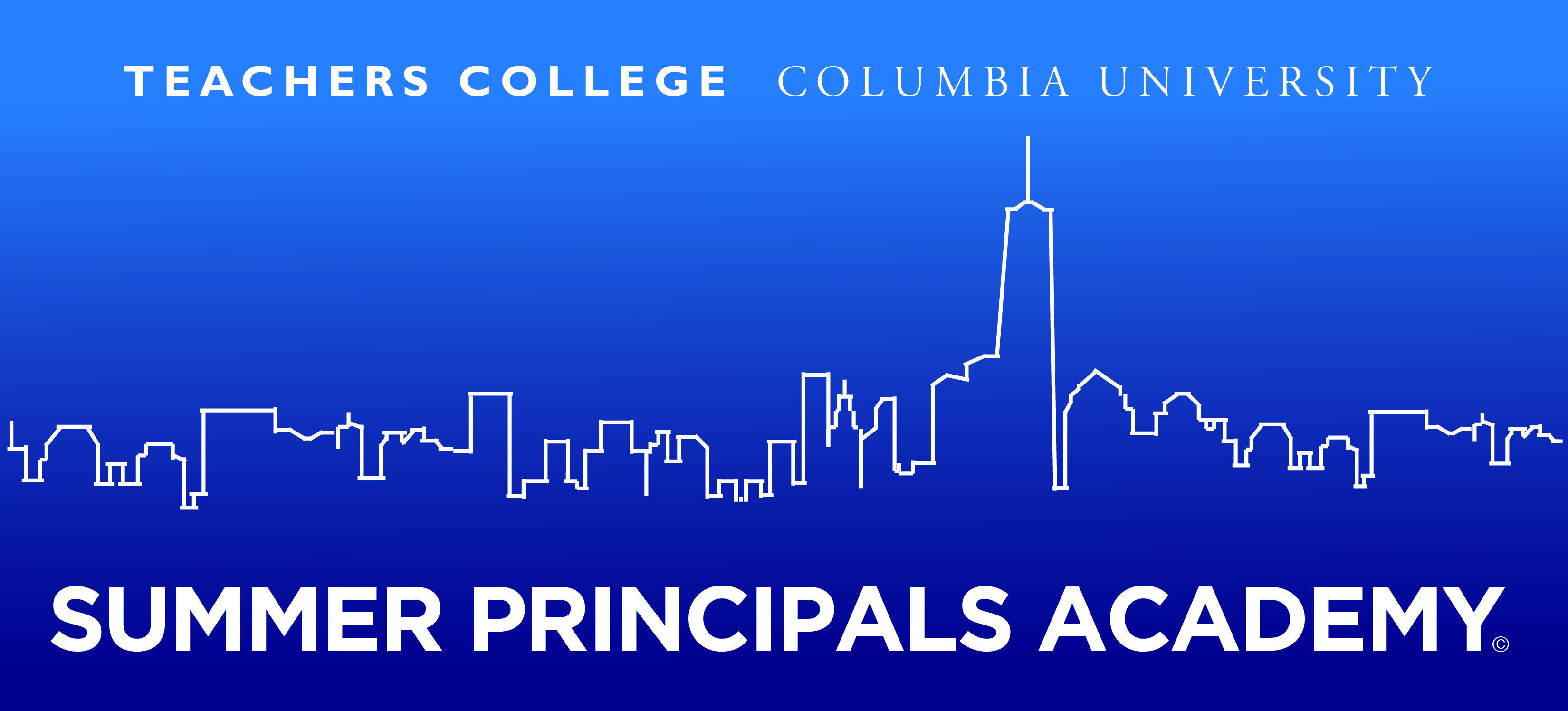 Dark blue rectangular logo with white text that says Teachers College, Columbia University